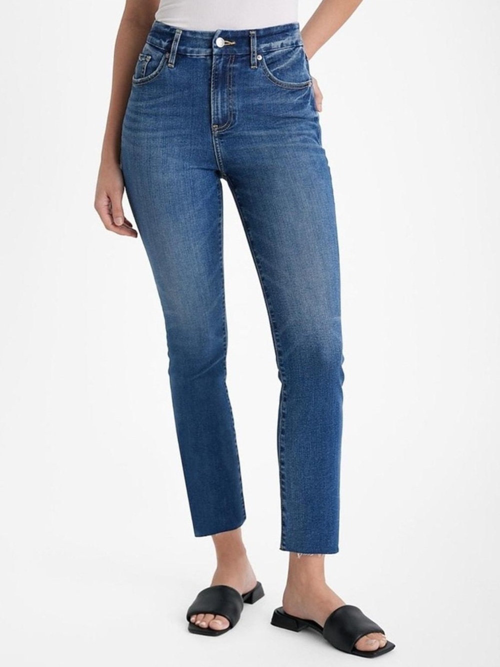 Express High Waisted Dark Wash Raw
Hem Flexx Cropped Flare Jeans